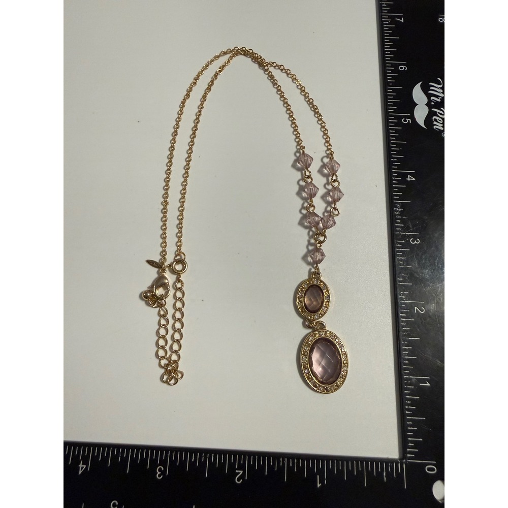 Avon Gold Tone Purple Stone Rhinestone Double Oval Pendant Crystal Bead Necklace